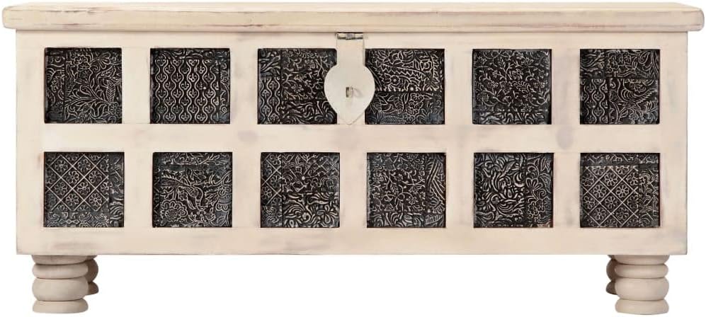 Solid Acacia Wood Storage Chest, 43.3 Inch Rustic White Trunk with Distressed Finish, Large Decorative Box and Wooden