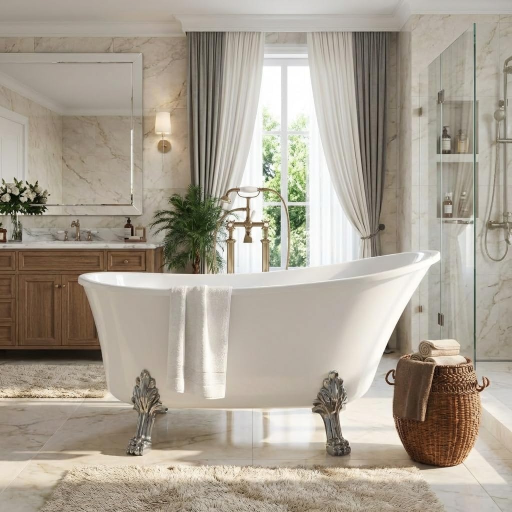 Freestanding Clawfoot Bathtub 67 Inch Acrylic Slipper Soaking Tub with Chrome Feet & Pop-Up Drain, Elegant Stand