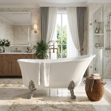Freestanding Clawfoot Bathtub 67 Inch Acrylic Slipper Soaking Tub with Chrome Feet & Pop-Up Drain, Elegant Stand