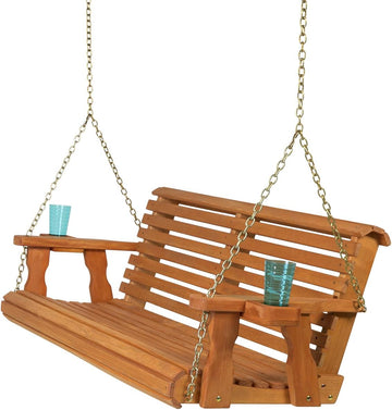 Casual Heavy Duty 700 Lb Capacity Porch Swing with Cup Holders (5 Foot, Cedar Stain) - Wooden Outdoor Roll Back Swing