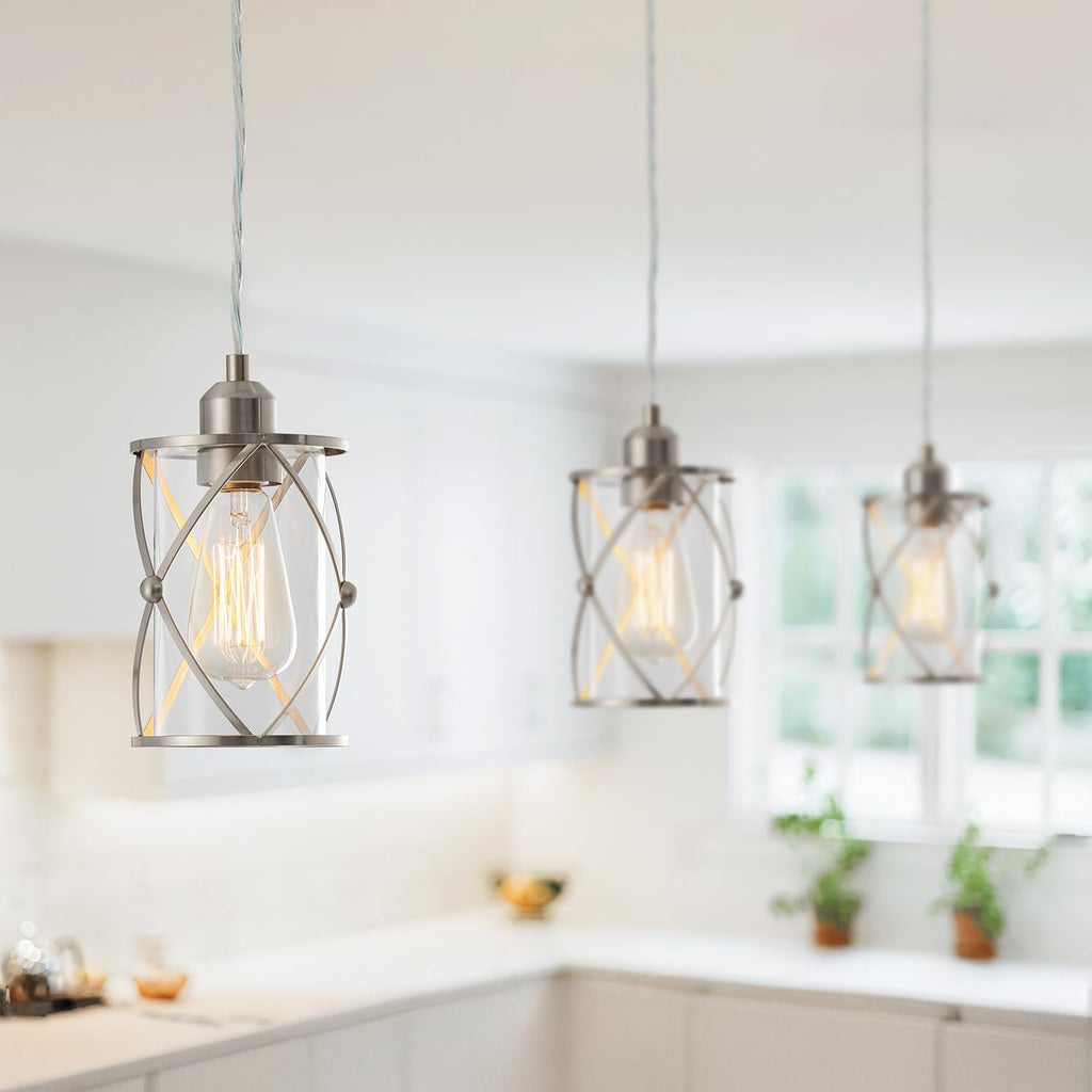 H-Type Brushed Nickel Track Lighting Pendant with Dotted Cage Clear Glass, Adjustable Hanging Light, E26 Socket, Pack