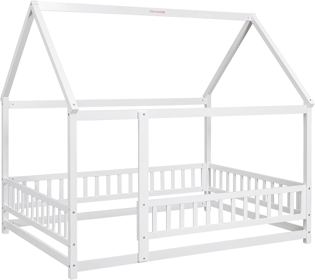 Full Size House Floor Bed,Wooden Montessori Bed with Fence and Roof for Kids,Playhouse Full Bed Frame for