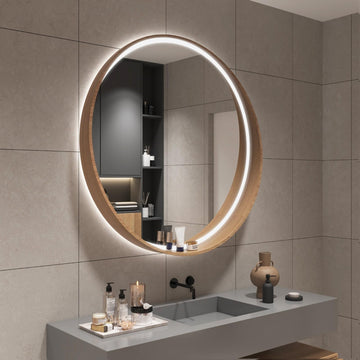 Wood Frame Lighted Mirror with Anti-Fog, Round LED Bathroom Mirrors, Wall Mirror with Shelf, Illuminated Makeup