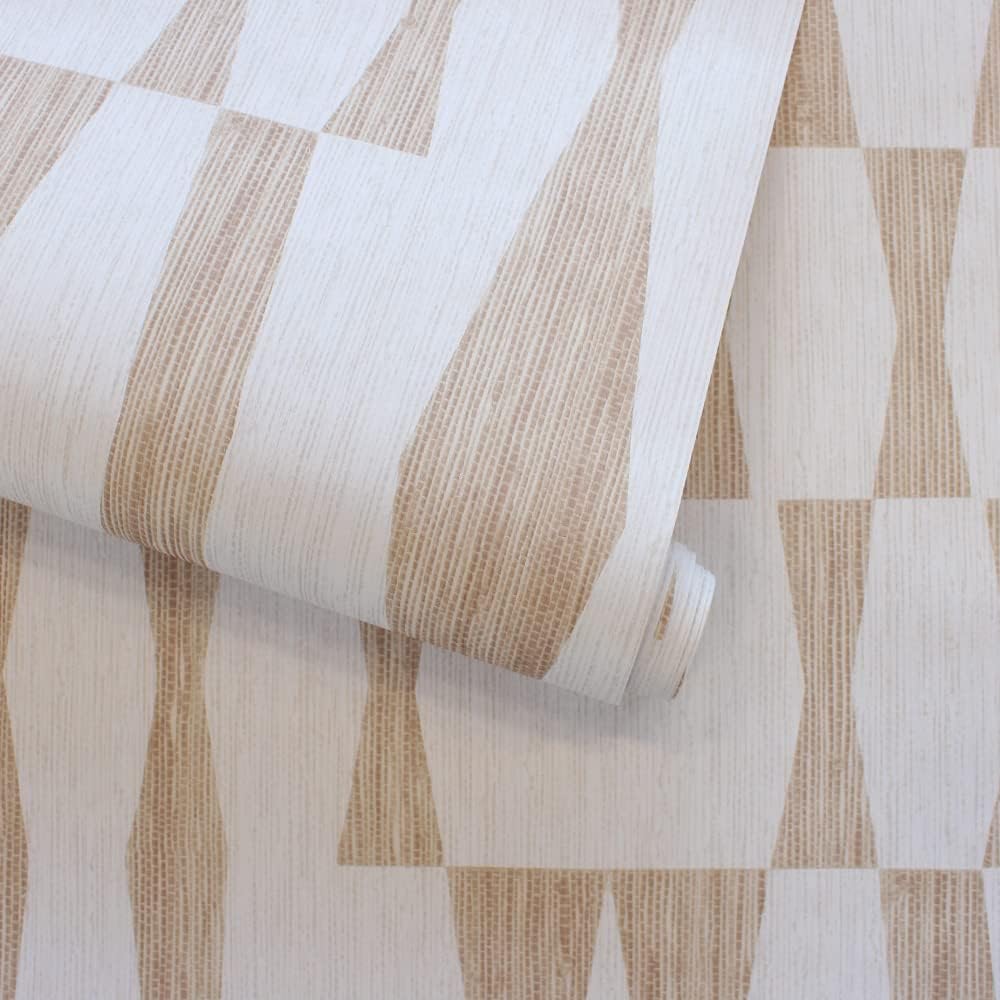 Beige Textured Faux Grasscloth Geo Removable Peel and Stick Wallpaper, 20.5 in X 16.5 ft, Made in The USA, Jute