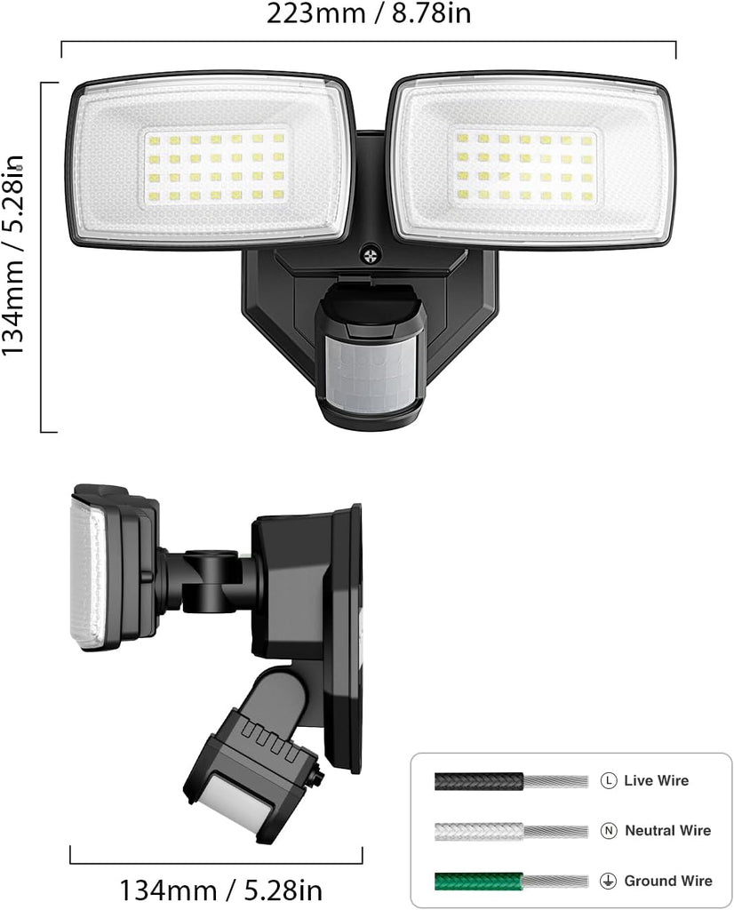32W 2 Head Motion Sensor Outdoor Lights, 3200LM 6500K LED Security Light Hardwired, Dusk to Dawn, Motion Detector