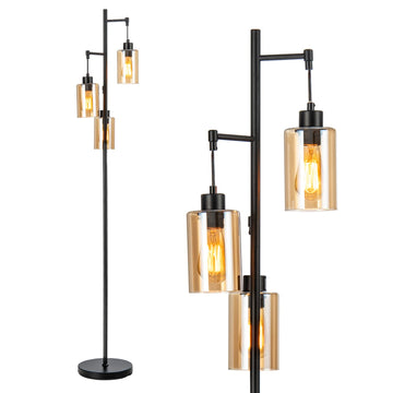 3 Lights Floor Lamp, Retro Floor Lamp with 3-Head Hanging Amber Glass Shade, Foot Switch, Metal Base, Industrial