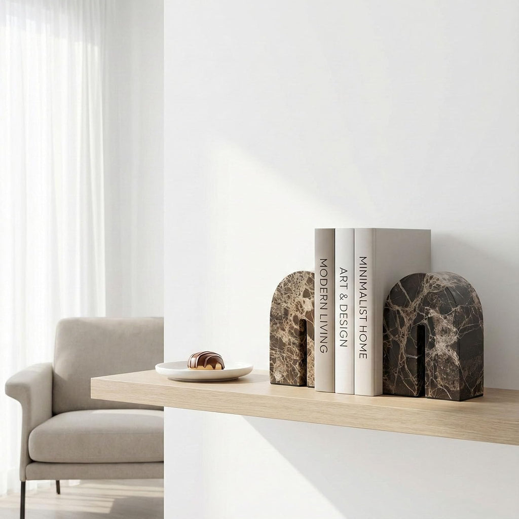 Natural Marble Bookends for Shelves,Unique Brown Arched Book Ends, Office bookends for Heavy Books, Set of 2,Heavy