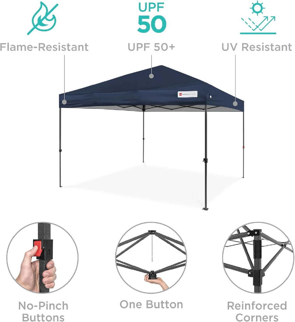 10x10ft Pop Up Canopy Tent, Outdoor Shade, 1 Person 1 Minute Set Up, Carry Case, 4 Weight Bags - Navy Blue
