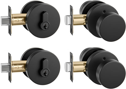 Matte Black Door Knobs with Deadbolt, Zinc-Alloy Matte Black Exterior Door Lock Set