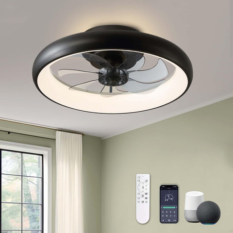 Modern Black 20" Flush Mount Ceiling Fan with Lights, 6 Wind Speeds, LED, Bedroom, Kitchen A101-B0CD1Z1NMD