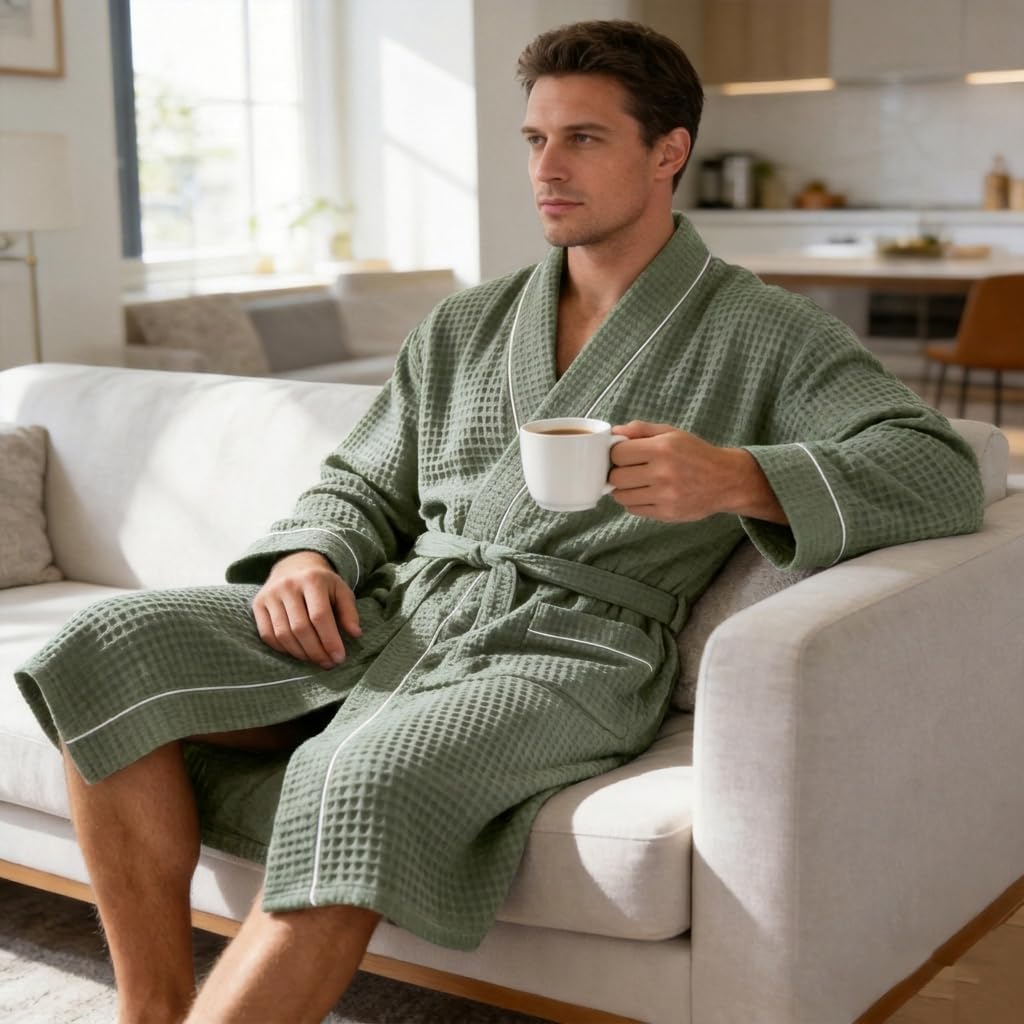 Men's Cotton Waffle Kimono Robe, Lightweight Soft Spa Shower Bathrobe, Hotel Lounge Robes for Men