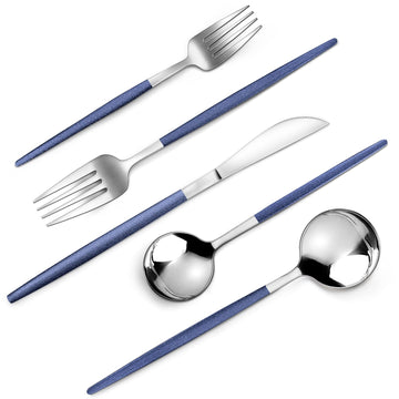 Mirror Silver Blue Silverware Set, 20-Piece Stainless Steel Flatware Set, Satin Finish tableware Cutlery Set, Service