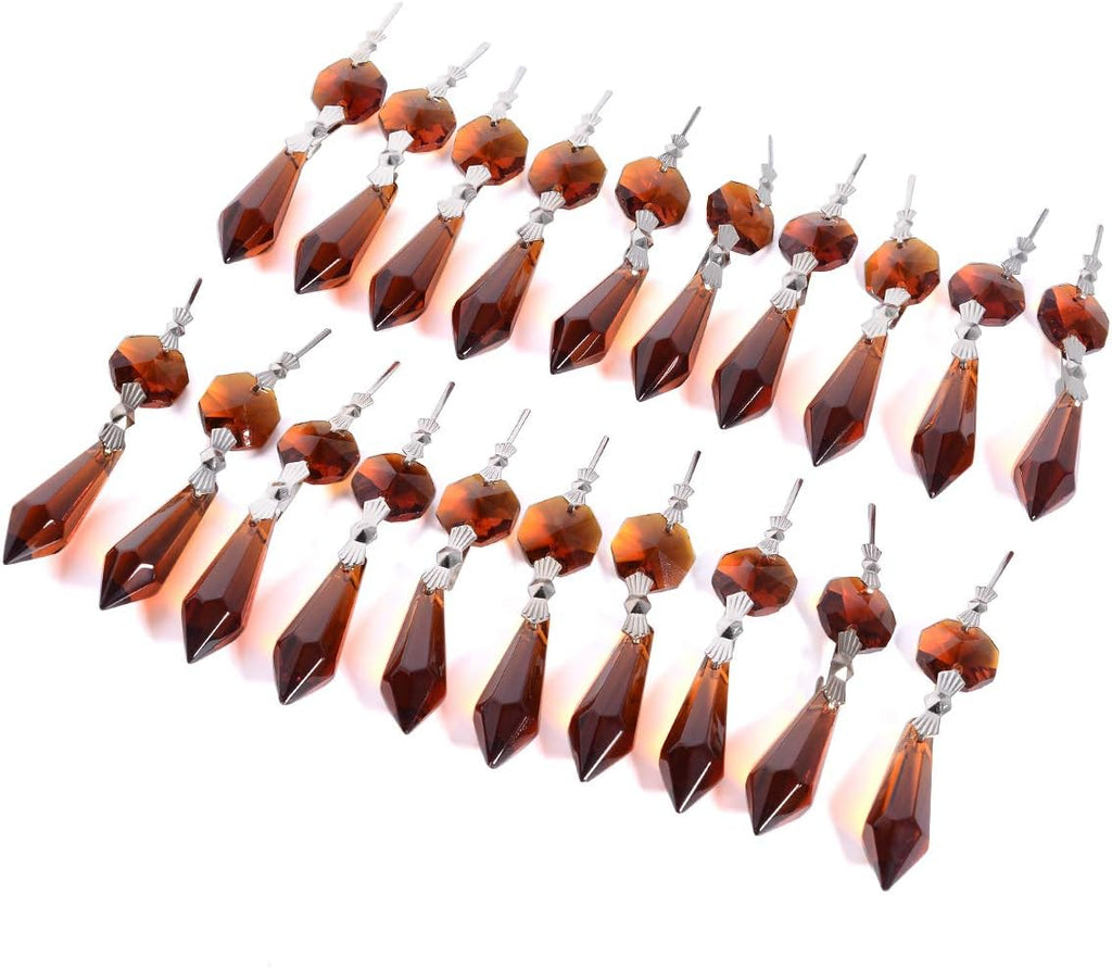 20pcs Amber Crystal Chandelier Icicle Prisms Lamp Candelabra Replacement Parts with Octagon Beads