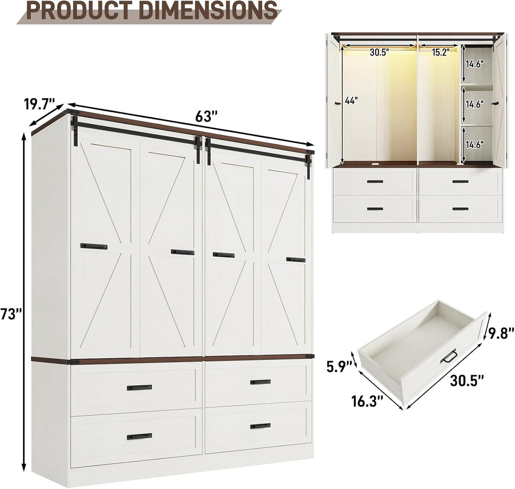 Farmhouse 4 Doors Armoire Wardrobe Closet w/Folding Sliding Barn Door and Lights, LED Armoire Closet w/Drawers
