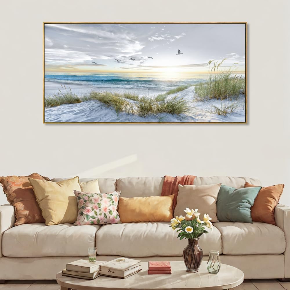 Canvas Prints Wall Art Beach Sunrise Ocean Waves Beach Grass Nature Pictures Stretched Canvas Wooden Framed Bedroom