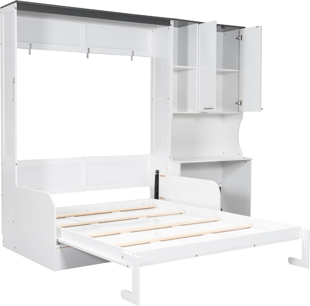 Queen Murphy Bed with Sofa, Desk and Storage Cabinet, Solid Wood Wall Bed Frame, Space-Saving Foldable Design, White