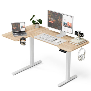 L Shaped Electric Standing Desk, 51x31.5 Reversible, Oak