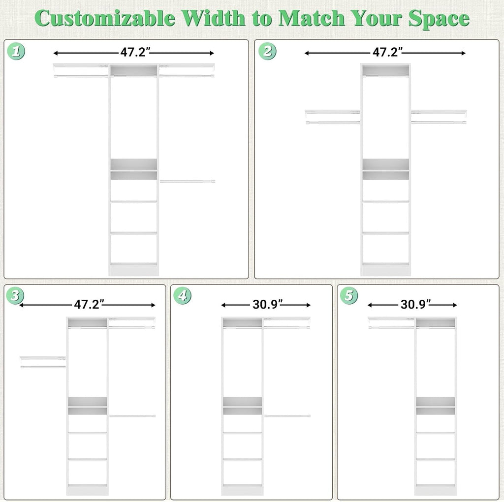 48" Closet Organizer System, 4FT Closet System for Small Closets with 4 Hanging Rods & 3 Shelves, 80"H Small Closet