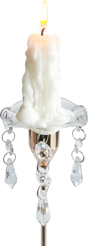 4 Pieces Bent Glass Candle Bobeches with Crystal Prisms Pendant, Taper Candle Wax Catcher Rings