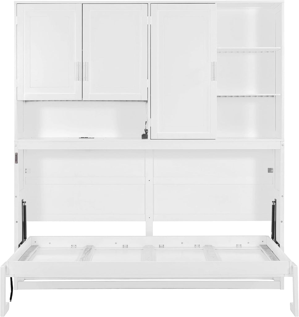 Twin Wall Murphy Bed with Top Cabinet, Shelves,Space Saving Foldable Bed with Light & USB,Sleeping Arrangement for