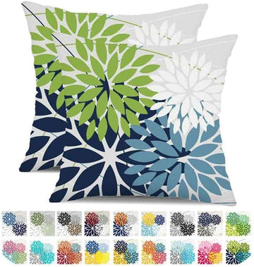 Outdoor Throw Pillow Covers 18x18 Inch Set of 2 Waterproof Spring Summer Geometric Elegant Blue Green Outdoor Pillow