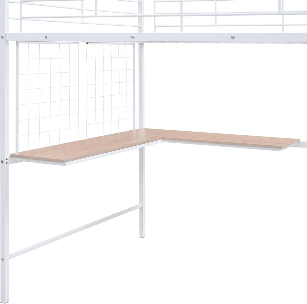 Full Loft Bed with Desk and Wardrobe and Storage Stairs, Loft Beds for Adults, Kids, Teens Metal, White
