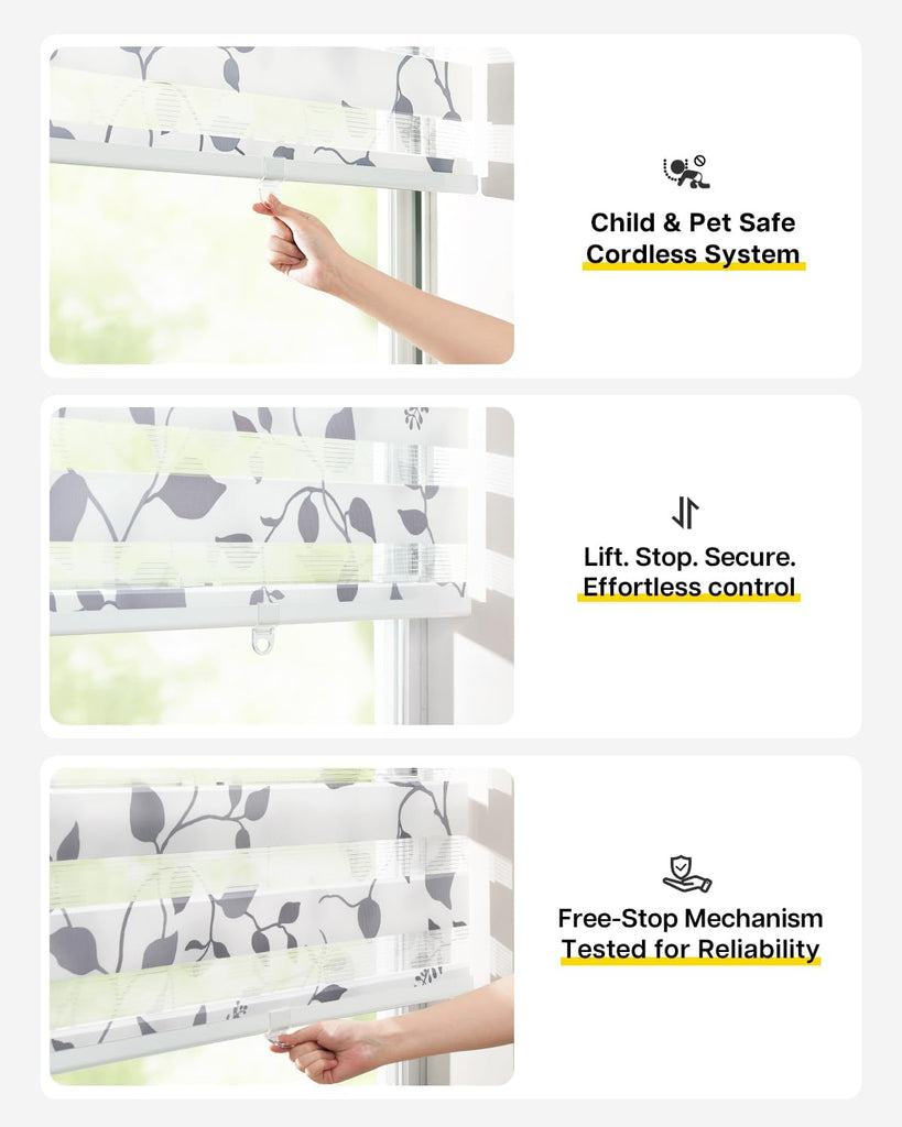 Cordless Zebra Blinds for Windows, Foggy Laurel| Patterned Dual Layer Free-Stop Roller Shades
