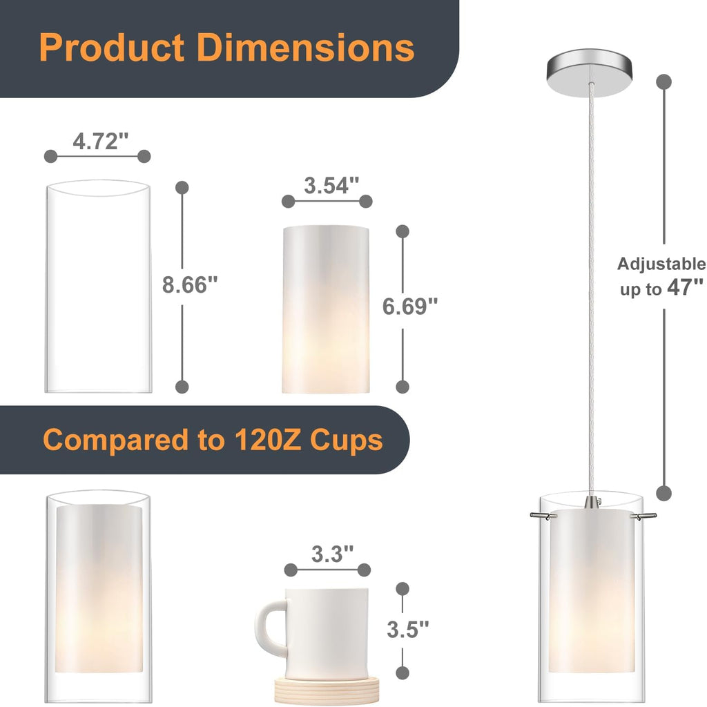 Modern Glass Pendant Light 2 Pack, Adjustable Hanging Kitchen Island Lights Pendant Lighting Fixture Dining Room