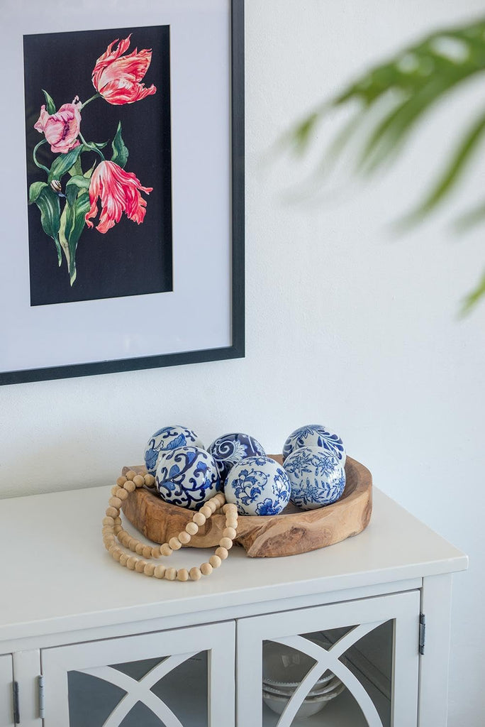 Set of 6 Porcelain Decorative Spheres - Handcrafted Blue and White Floral Orbs Decor, Tabletop Accent, Shelf Display