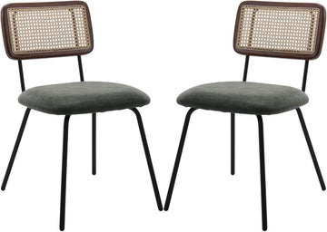 Rattan Dining Chairs Set of 2, PU Leather Upholstered Dining Chairs with Cane Back and Metal Legs for Dining Room or Living Room, Green