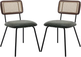 Rattan Dining Chairs Set of 2, PU Leather Upholstered Dining Chairs with Cane Back and Metal Legs for Dining Room or Living Room, Green