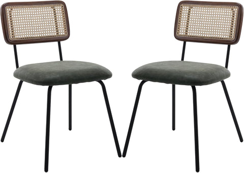 Rattan Dining Chairs Set of 2, PU Leather Upholstered Dining Chairs with Cane Back and Metal Legs for Dining Room or Living Room, Green