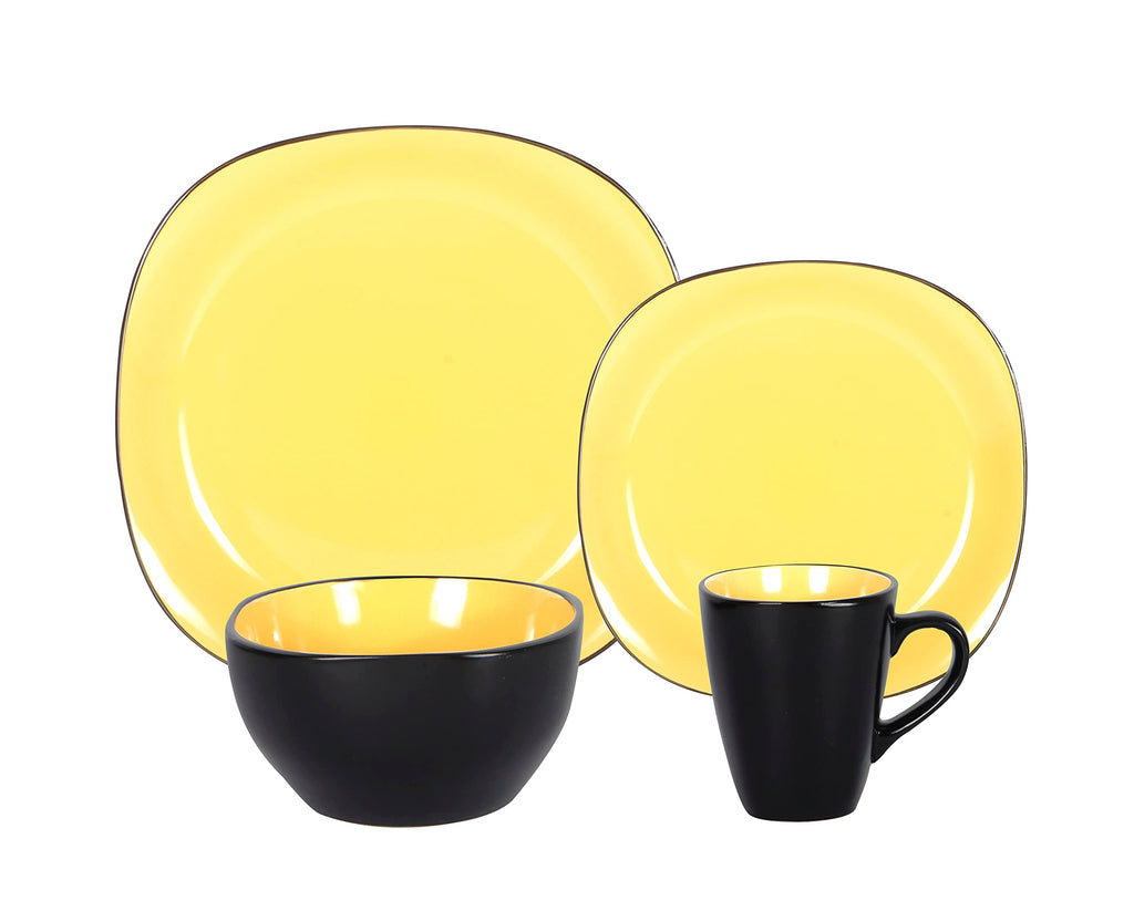 Stoneware Square 16pc Dinnerware Set, Inside Shiny Yellow + Outside Matte Black