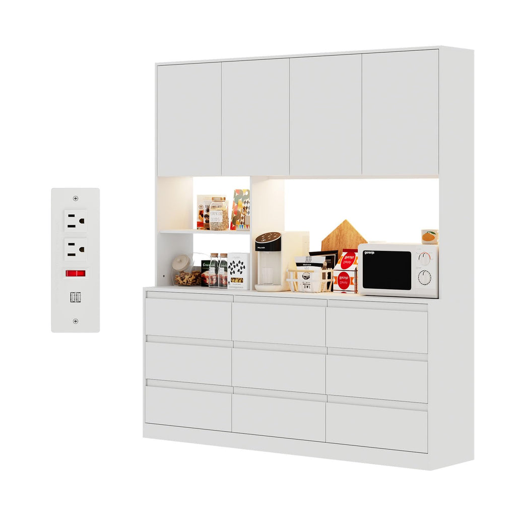 78" LED Pantry Cabinet with Countertop/Charging Station, Tall Kitchen Storage Cabinet with 9 Drawers, 71 "W 4 Door