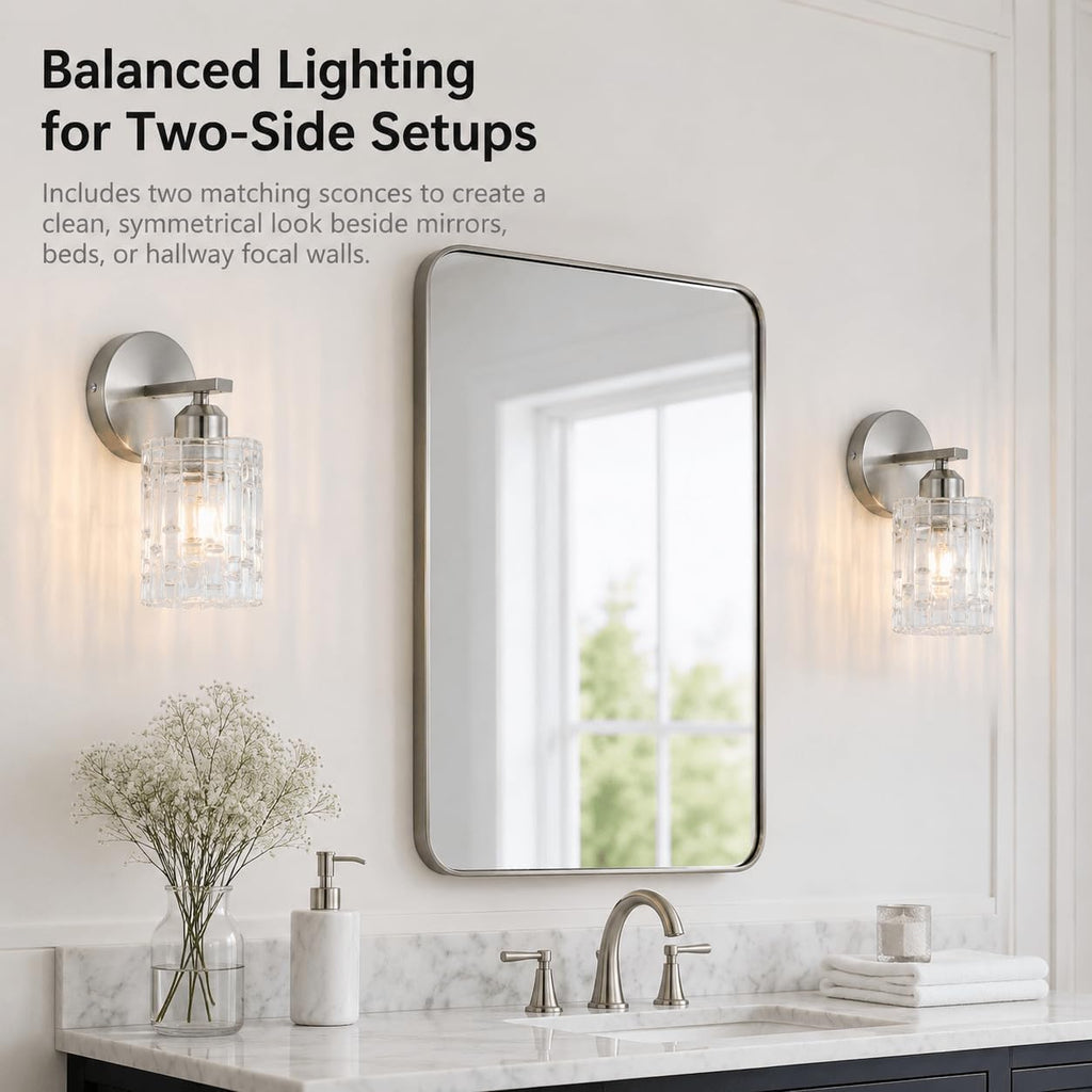 2-Pack Nickel Crystal Bathroom Vanity Lights, 1-Light Wall Sconce Fixture for Over Mirror, Modern Wall Mount
