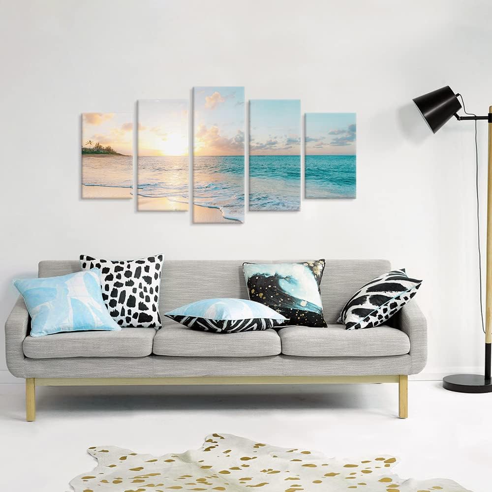 5 Pieces Beach Sunset Canvas Wall Art Blue Sea Prints Romantic Ocean Waves Pictures Painting Bedroom Home Decorations