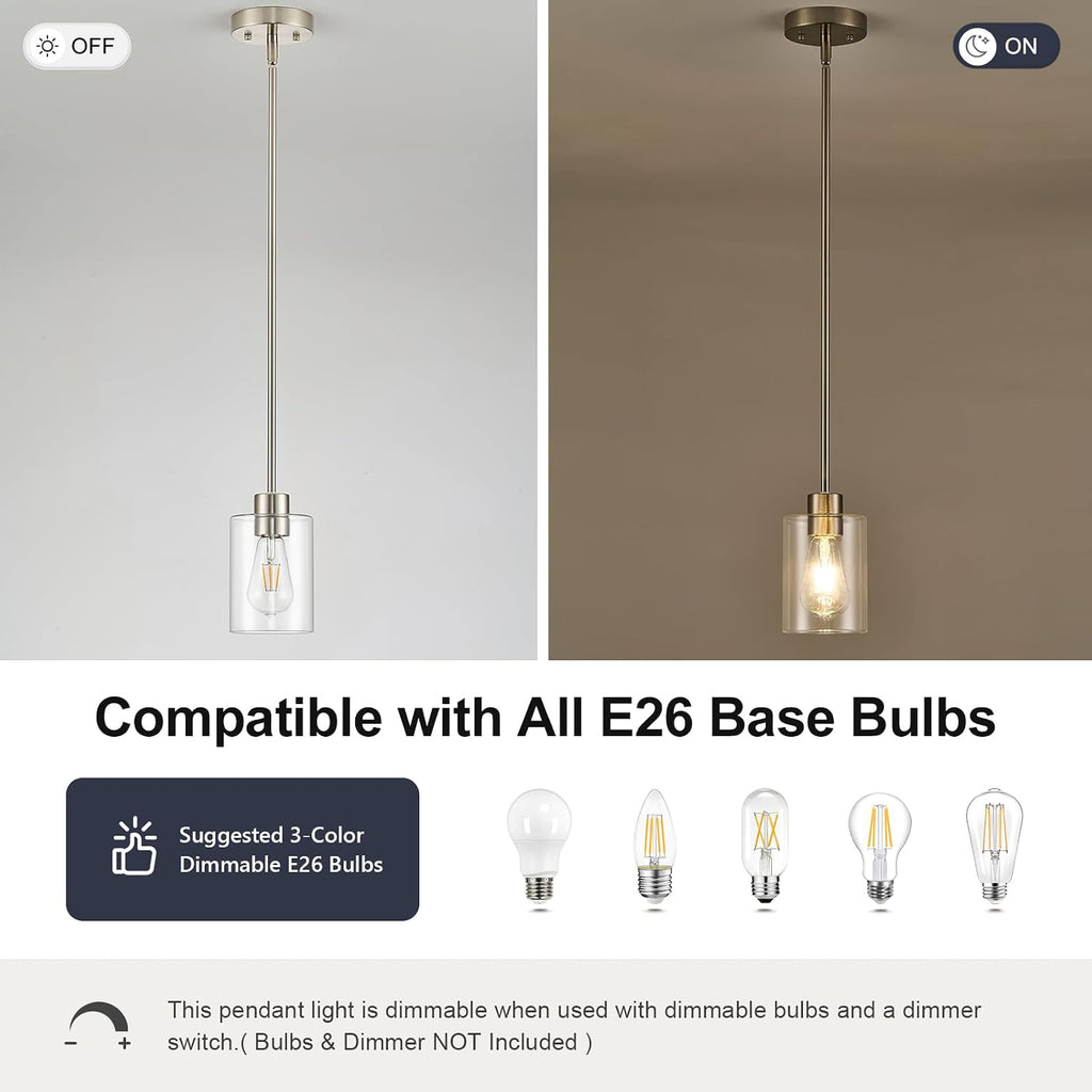 Modern Farmhouse Brushed Nickel Pendant Lights, Mini Hanging Light Fixture with Clear Glass Shade, Adjustable Rods