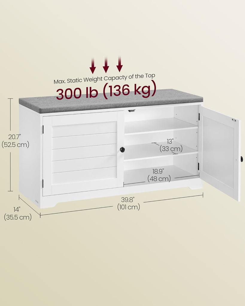 Shoe Storage Bench with Cushion, 3-Tier Entryway Bench with Padded Seat, Doors, Adjustable Shelves, 14 x 39.8 x 20.7