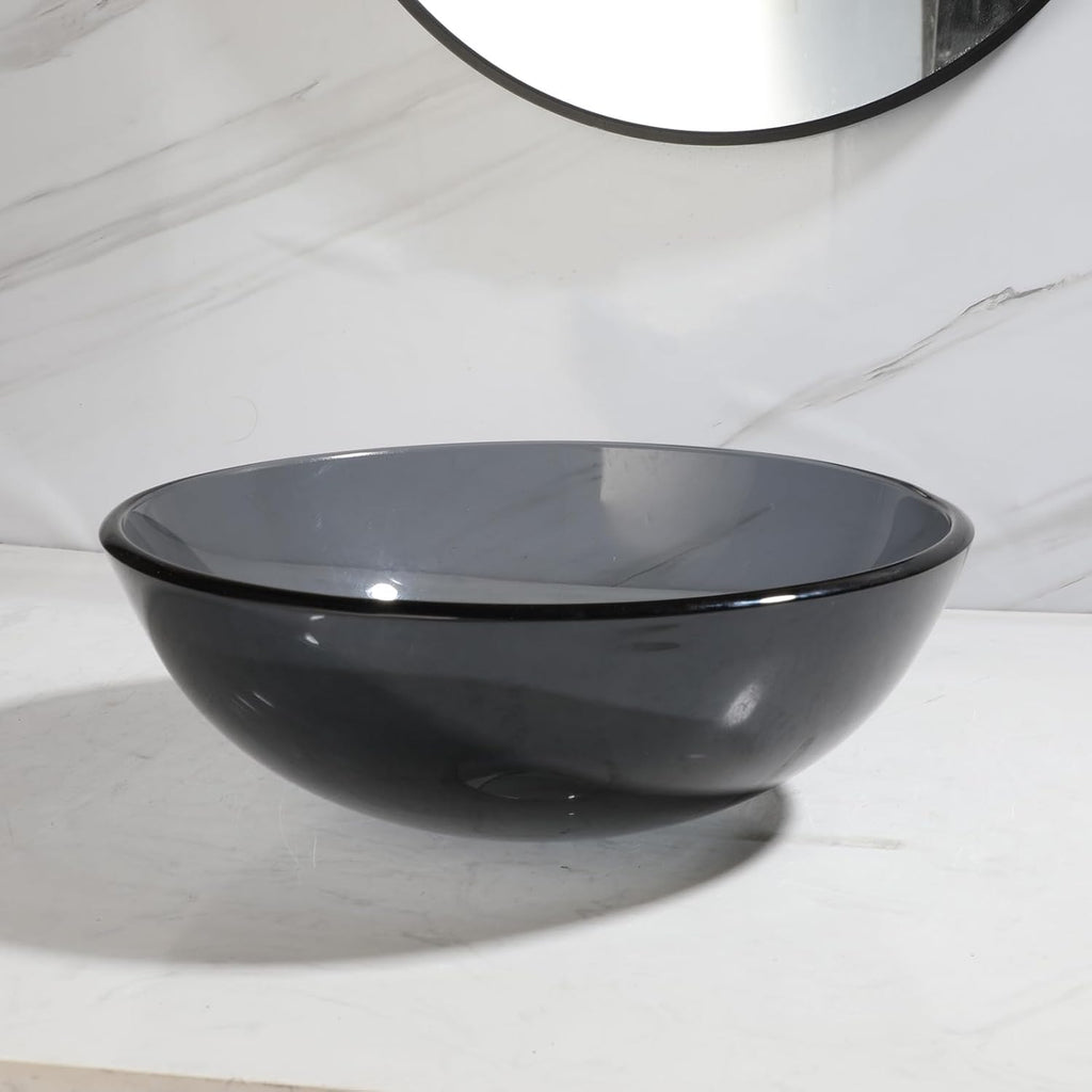12 Inch Round Bathroom Sink Bowl with Drain Combo,Clear Black Glass Vessel Sink Basin Above Counter Tempered Glass Sink