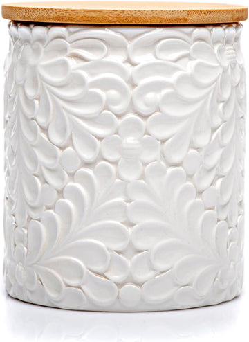 Small 30 Oz Engraved Ceramic Kitchen Canister, Airtight Bamboo Lid