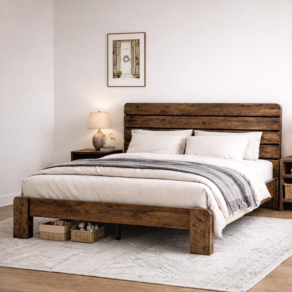Wooden Queen Bed Frame with Headboard, Rustic Farmhouse Platform Bedframe with Wood Slat Support, Sturdy and No