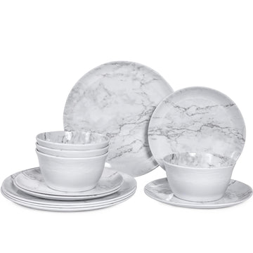 12-Piece Melamine Dinnerware Sets, Modern White Round Dish Set for 4