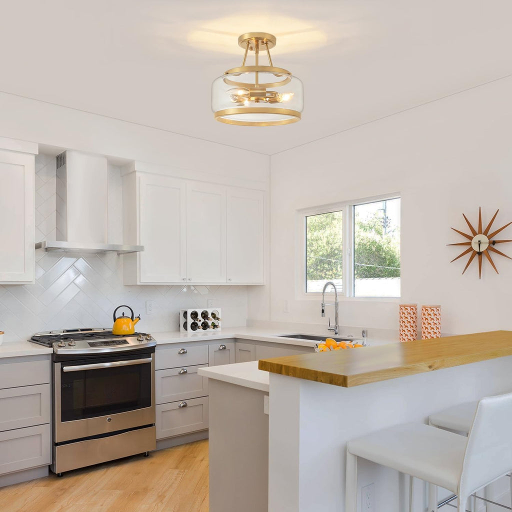 11.81" Brushed Gold Semi Flush Mount Ceiling Light, Modern Glass Drum Light Fixtures, 3-Light Golden Ceiling Lights