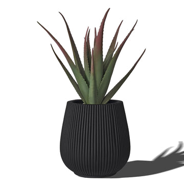 16" Pear-Shaped Fluted Outdoor Planter, Black, Modern Round Plant Pot