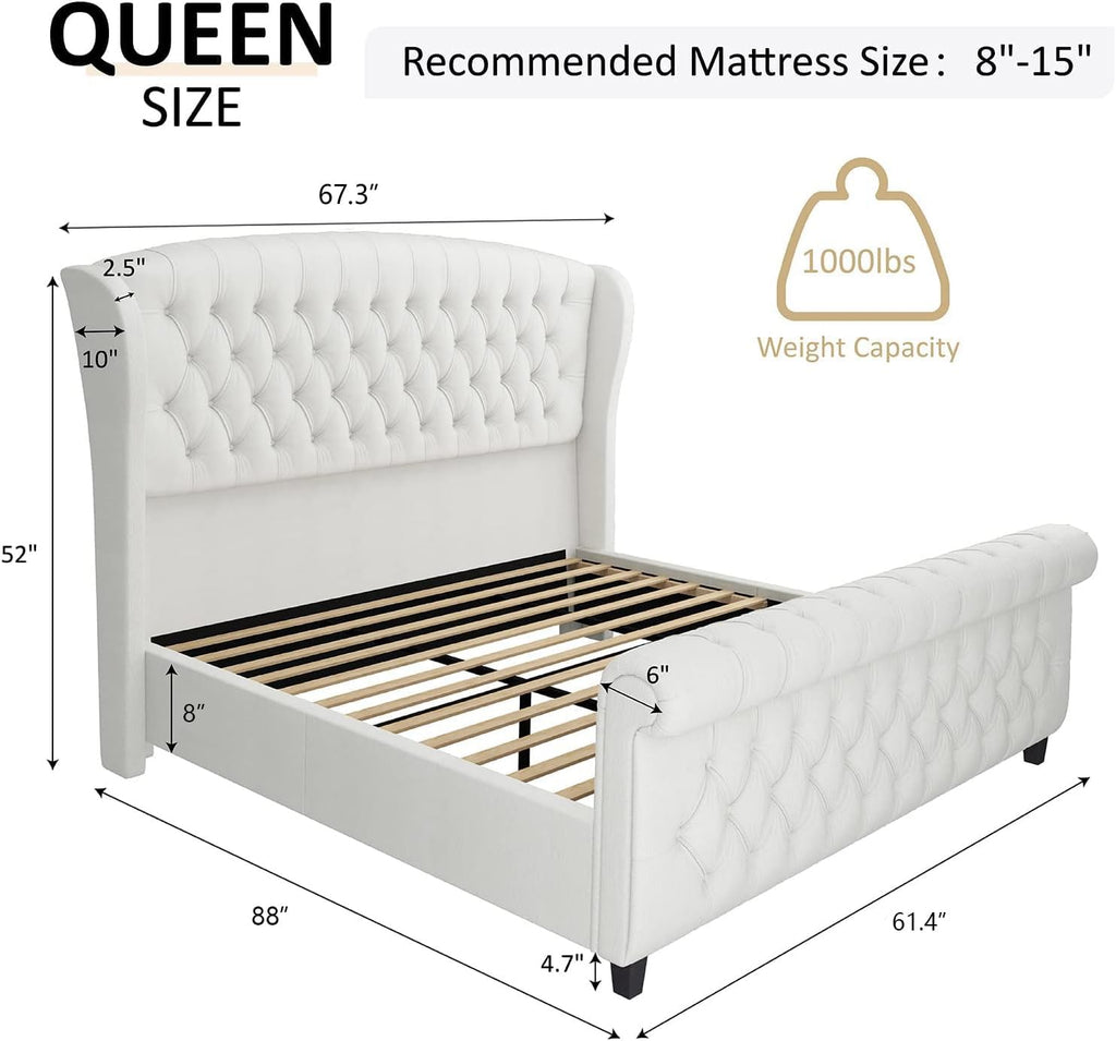Queen Platform Bed Frame, Chenille Upholstered Sleigh Bed with Scroll Wingback Headboard & Footboard/Button Tufted/No