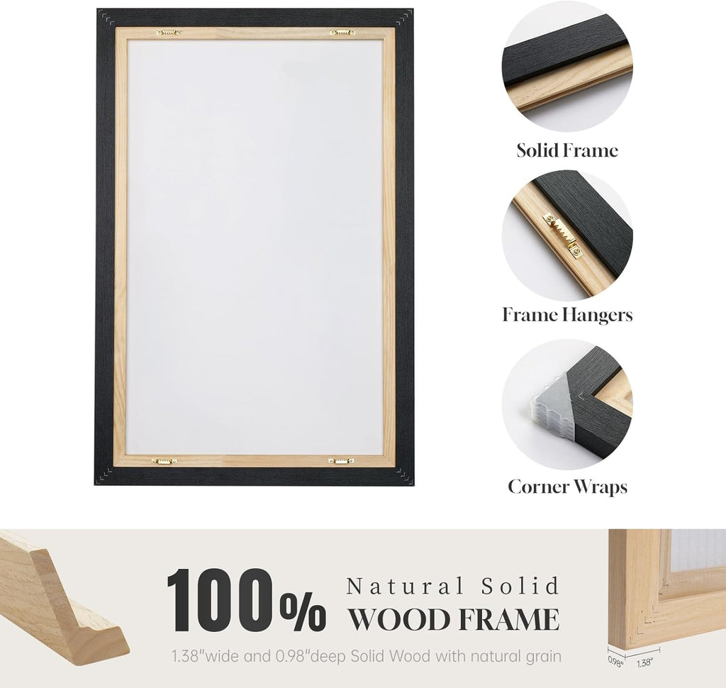 Framed Long Narrow Vertical Abstract Wall Art Set, 2 Piece Black White Gold Luxury Modern Canvas Prints Paintings