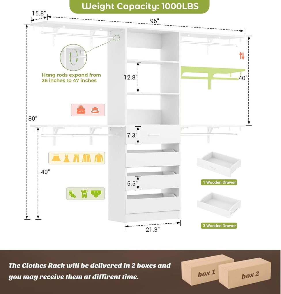 Closet System with Drawers, Wood Closet Organizer System with 4 Hanging Rods & Top Shelves, Walk-in Closets Organizer
