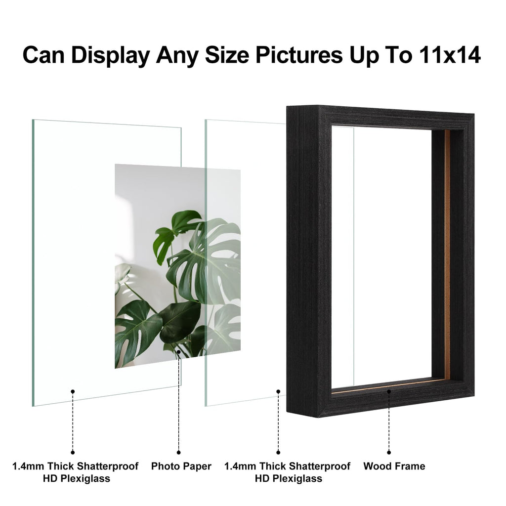 11x14 Floating Frames Set of 2, Double Plexiglass Picture Frame, Made of Solid Wood Display Any Size Photo up to