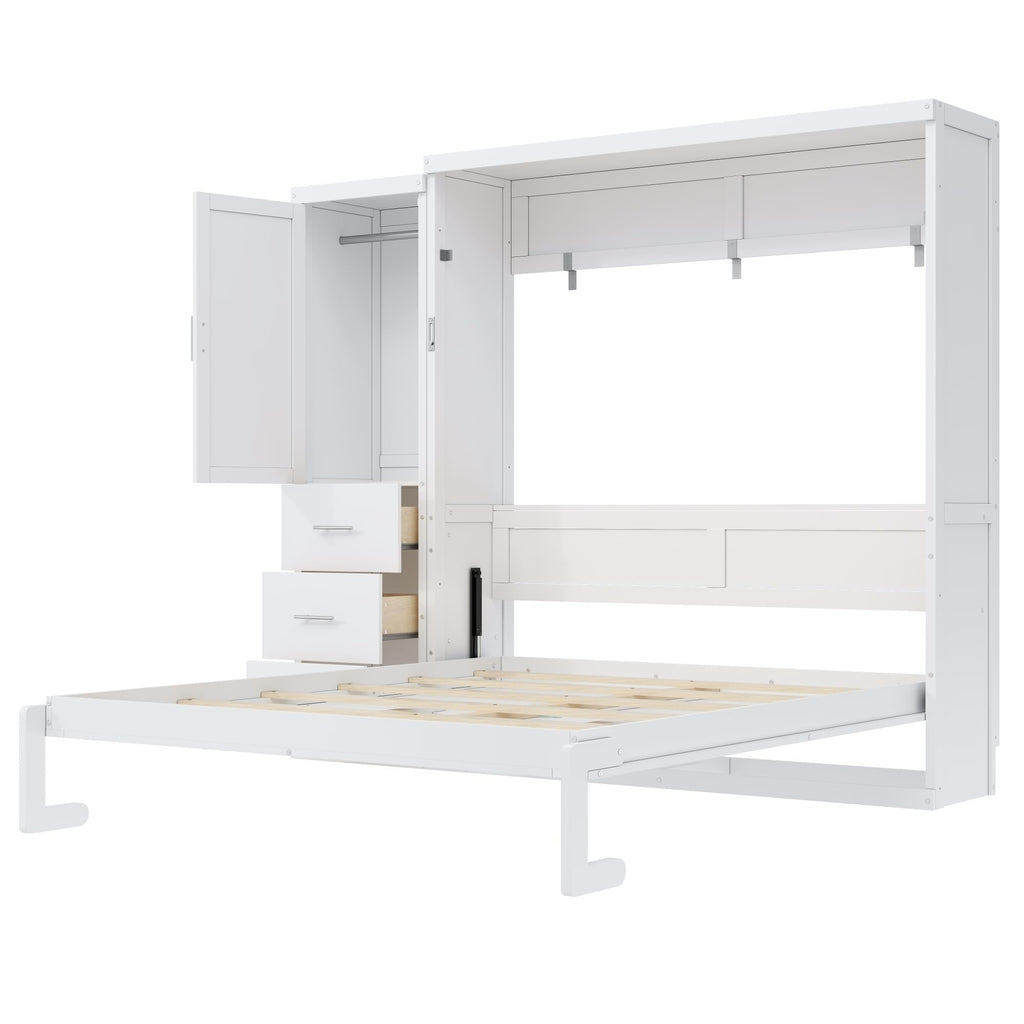 Queen Murphy Bed with Storage Cabinet, Foldable Space-Saving Wood Wall Bed Frame with Wardrobe and 3 Drawers, Hidden