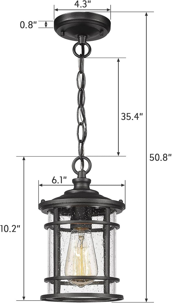 Modern Outdoor Pendant Light - Outdoor Hanging Porch Light with Seeded Glass Shade in Black Finish, BK
